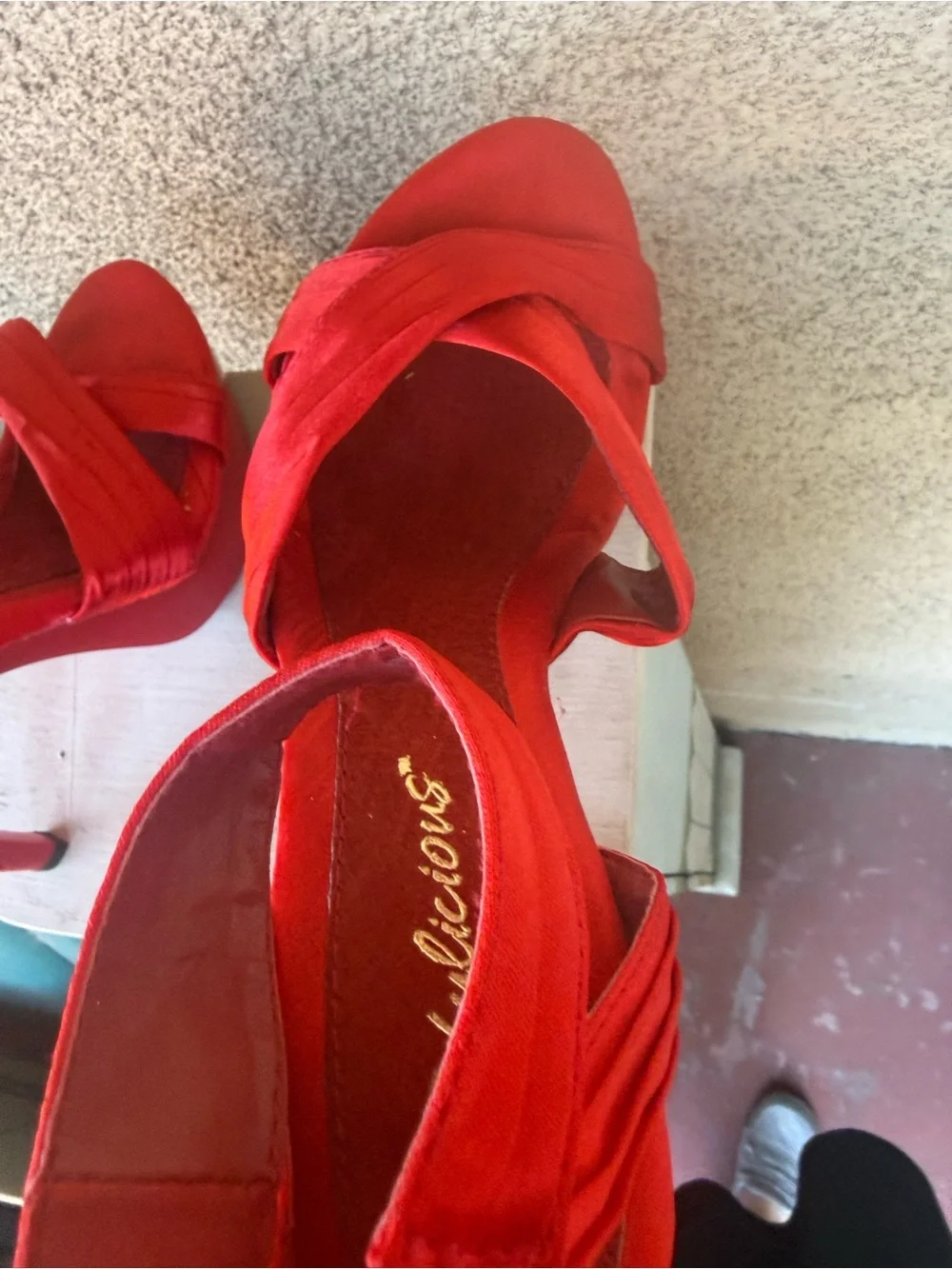 Fabulicious Cocktail Red Satin Crisscross Ankle Strap Platform